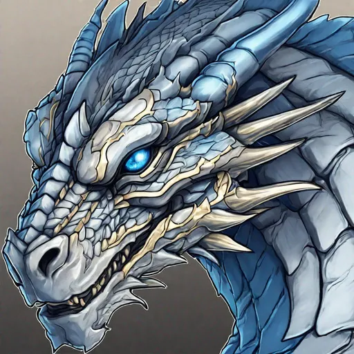 Prompt: Concept designs of a dragon. Dragon head portrait. Dragon head has a sleek appearance. Coloring in the dragon is predominantly blue with light gold streaks and details present.