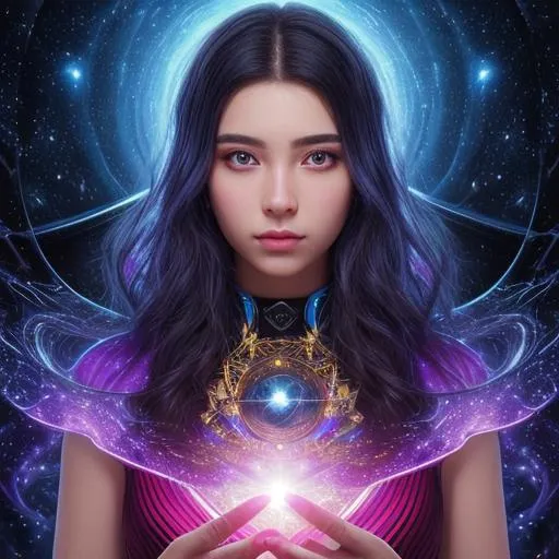 Prompt: splash art, hyper detailed, hyper realistic, highly detailed, dark, surreal heavy mist, floating at the edge of the Universe, in an alien observatory, 

create a 30% transparent computerized hologram of a fantastically Exquisite beautiful, young adult woman, Exceptionally Gorgeous Sorceress, holding the Milky way galaxy on an extended fingertip,

Gorgeous detailed facial features, long legs, vibrant sumptuous, perfect body, ultra pale, visible midriff, ((perfect curly red hair)), magically created armor, heavy iron collar, 

Perfect studio lighting, perfect shading. HDR, UHD, high res, 64k, cinematic lighting, special effects, hd octane render, professional photograph, trending on artstation, .