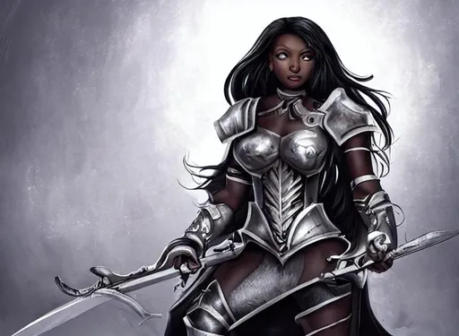 Prompt: Masterpiece,   dark-skinned girl, silver armor, black hair, holding sword, 