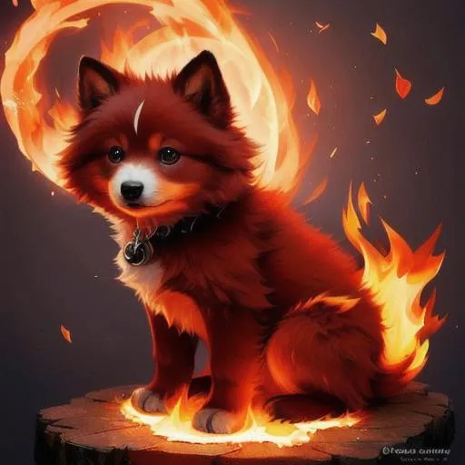 Prompt: Cute, red, fluffy, fire puppy, possessing the element of fire and making circles of fire
 move around in the air in a magical way. Perfect features, extremely detailed, realistic. Krenz Cushart + loish +gaston bussiere +craig mullins, j. c. leyendecker +Artgerm.