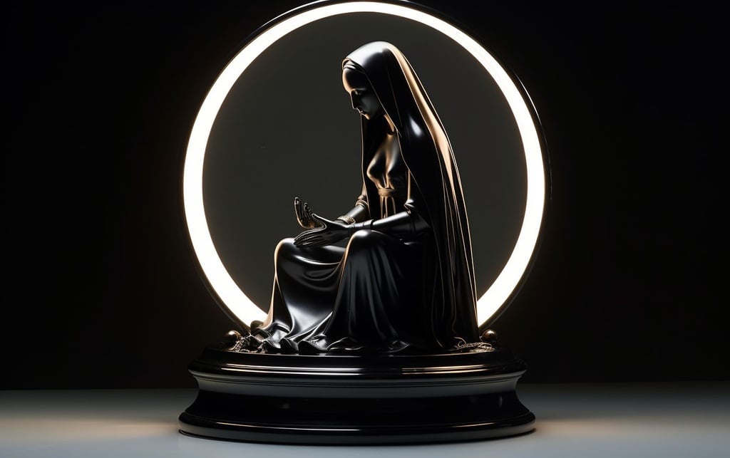 Prompt: spot lights hit vanta black figurine of virgin mary sitting on a black mirror surface