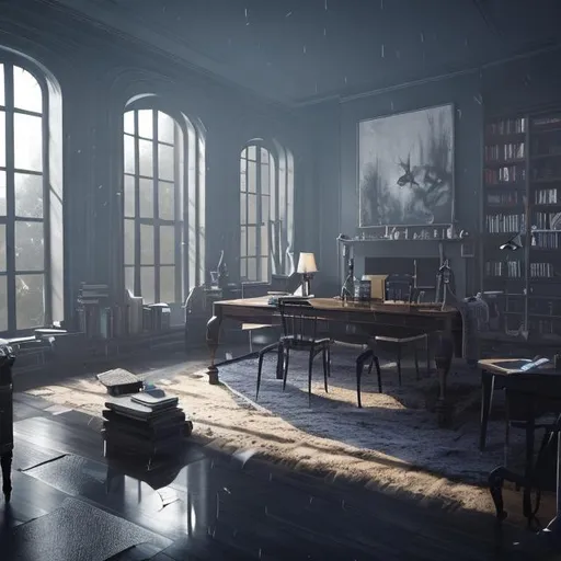Prompt: A room with dark academia aesthetic, with long floor to ceiling windows covered in mist and rain. A fire place on the left side of the room and a table with two chairs across from it. It is nighttime outside and the moon is shining filling the room with the silver blue light illuminating it. On the table are books and notes scattered all over it. Keep the fourth image you made and add on the table books
