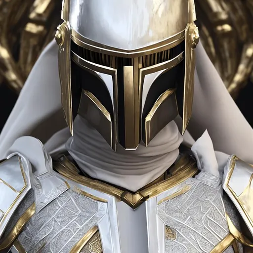 Prompt: Gold and silver Mandalorian armor, Naboo style,  female, white cape, white suit under armor, intricate design, high quality metal design, ornaments, movie poster composition, ultra realistic design, beautifully detailed, octane render, 4k, sharp light