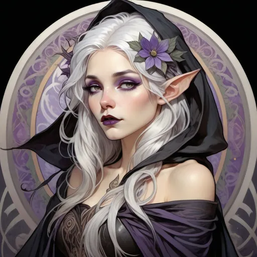 Prompt: a creature who looks like a beautiful, young woman, but has grey skin, long, white hair, purple eyes, black lips, pointed elf ears and tattoos all over her body, wearing a long, black cloak