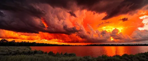 Prompt: Orange sky with giant stormy clouds