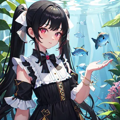Prompt: (aquarium:1.3) , masterpiece:1.3), (1girl:1:5), charming, long hair, black hair, high pigtails, red eyes, flat, dress, UHD, Highly Detailed face, cute, happy, illustration, absurdres, highres, extremely detailed, eye highlights, upper body, fluttering ribbon, Depth of field, (Blue fog:1.3)