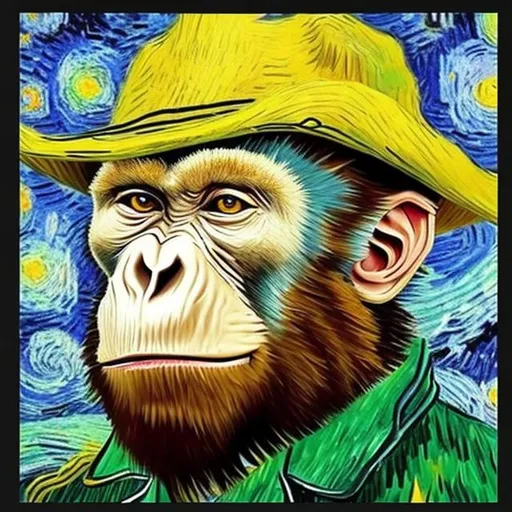 Prompt: Create a collaboration of Bored ape and a Van Gogh self painting