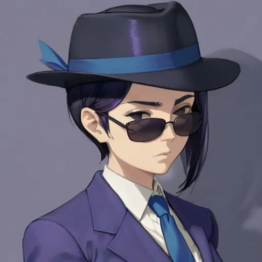 Prompt: Short black haired woman slicked back wearing a blue fedora, purple sunglasses, blue tie, and purple suit jacket 