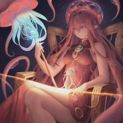 Prompt: cosmic jellyfish god with a woman like body and long glowing red and bright red hair while holding a staff with octopus carvings in it in space sitting on a throne
