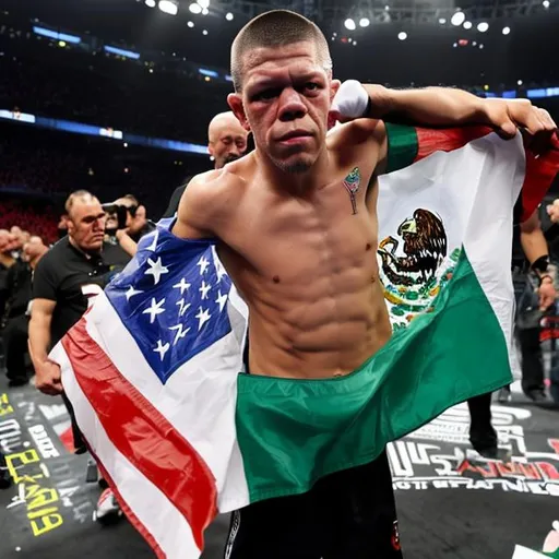 Prompt: Nate Diaz holding Mexican American Flag.  Make the Flag stand out.  Make Flag half American and Half Mexican. 