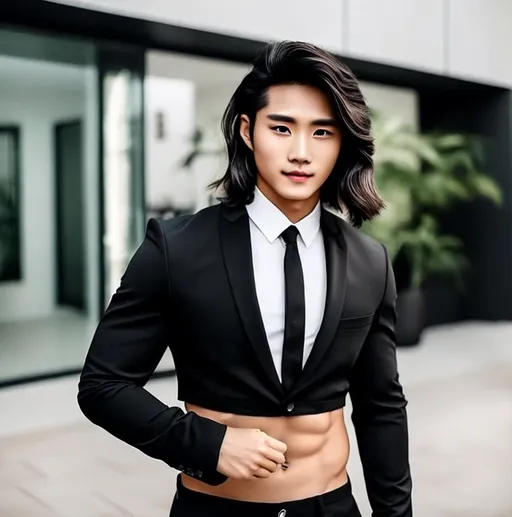Prompt: an attractive long-haired 21-years old man with a six pack abs wearing a crop top black suit and tie