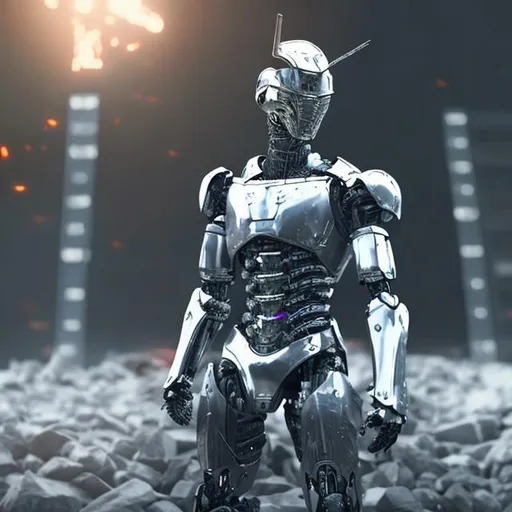 Prompt: a realistic male warrior AI robot with dramatic pose in black screen background