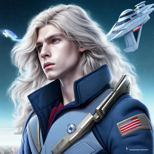 Prompt: beautiful mid-twenties french male, long golden blonde hair, grey eyes, thoughtful, sharp nose, black uniform, vaporwave, futuristic spaceship bridge, portrait, realistic details, photorealistic, 8k render, cinematic lighting, ultra detailed