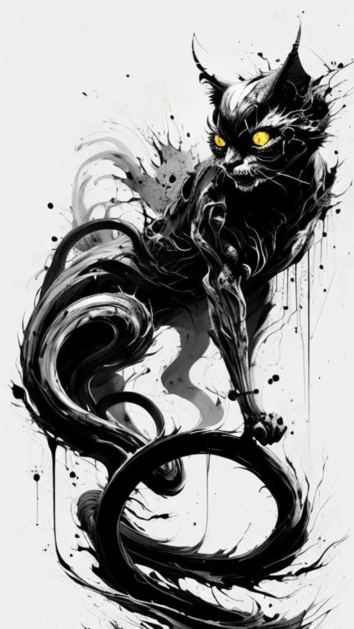 Prompt: Demon Cat negative black and white Speedpaint with large brush strokes by , Junji Ito, Ismail Inceoglu, , Gazelli, M.W. Kaluta, richard anderson, paint splatter, white ink, a masterpiece, 8k resolution, trending on artstation, horror, terrifying, highly detailed and intricate