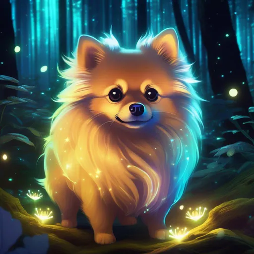 Prompt: A mythical translucent pomeranian that is glowing, in a forest surrounded by bones, beneath the stars, bioluminescent, highres, best quality, concept art