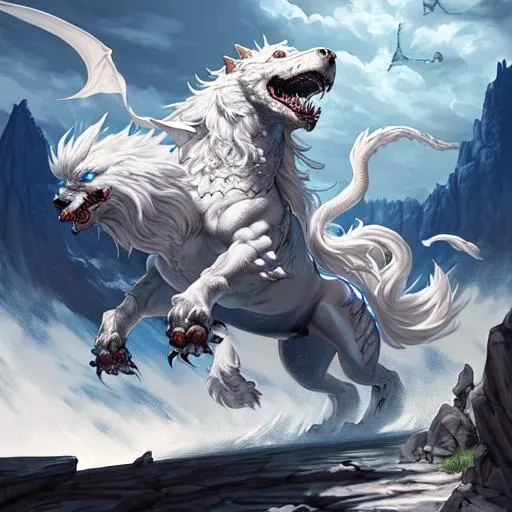 Prompt: A Fantasy, dungeon and dragons,  fluffy but fierce white dog battle mount with embellished saddle, illustration, drawing, 