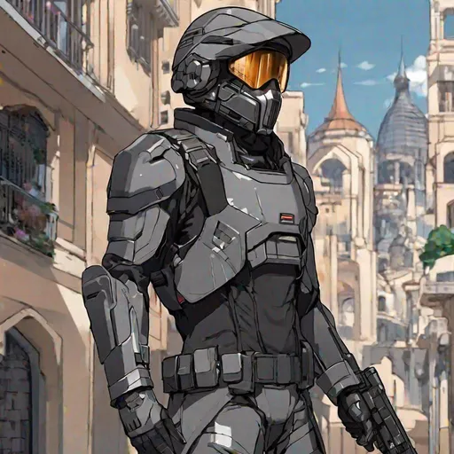 Prompt: Whole body. Full figure. A French male soldier in scifi combat armor. He has an helmet with a scifi visor covering his face. Dark grey uniform. uniform with black details. In background a scifi Spanish city. Anime art. Rpg. Anime style. Akira art. 2d art. 2d. Well draw face. Detailed. Whole figure. Full body. 