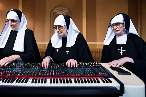 Prompt: nuns playing a complex synth