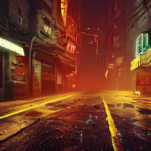 Prompt: ground in futuristic dieselpunk narrow street, cable stone ground. lots hanging cables, tiny wires on the ground. garbage on the ground. rain. fog, haze, evening. led screens. neon signs. very sharp. cables on the ground. very messy. futuristic. photorealistic. duke nukem style