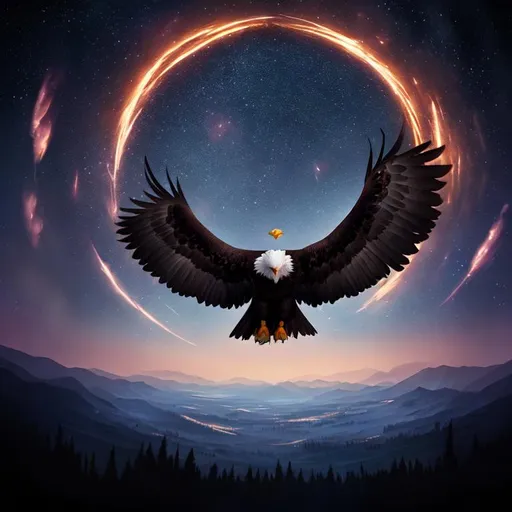 Prompt: An epic fantastic realism comic book style painting of the most beautiful spinning BALD EAGLES, launched across the dark and starry night sky,  fisheye, unreal 5, DAZ, hyperrealistic, octane render, dynamic lighting,FUNNY