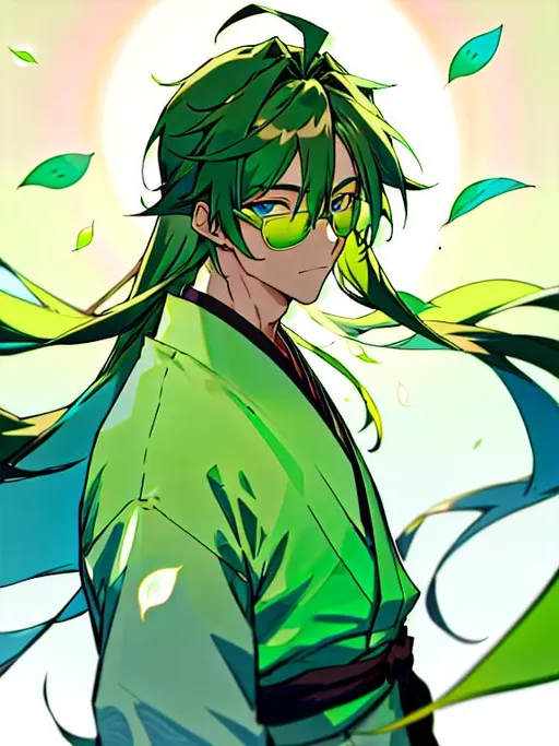 Prompt: 4K, Male anime character with green and blue gradient long hair. He has light green rectangular framed glasses, bright blue eyes, and is wearing a Japanese brown and green floral kimono. He has a neutral expression on his face. The background is white with light green and light blue translucent petals.