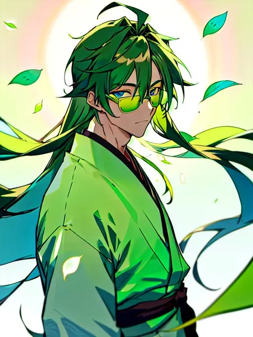 Anime-style male character with emerald green eyes and black hair