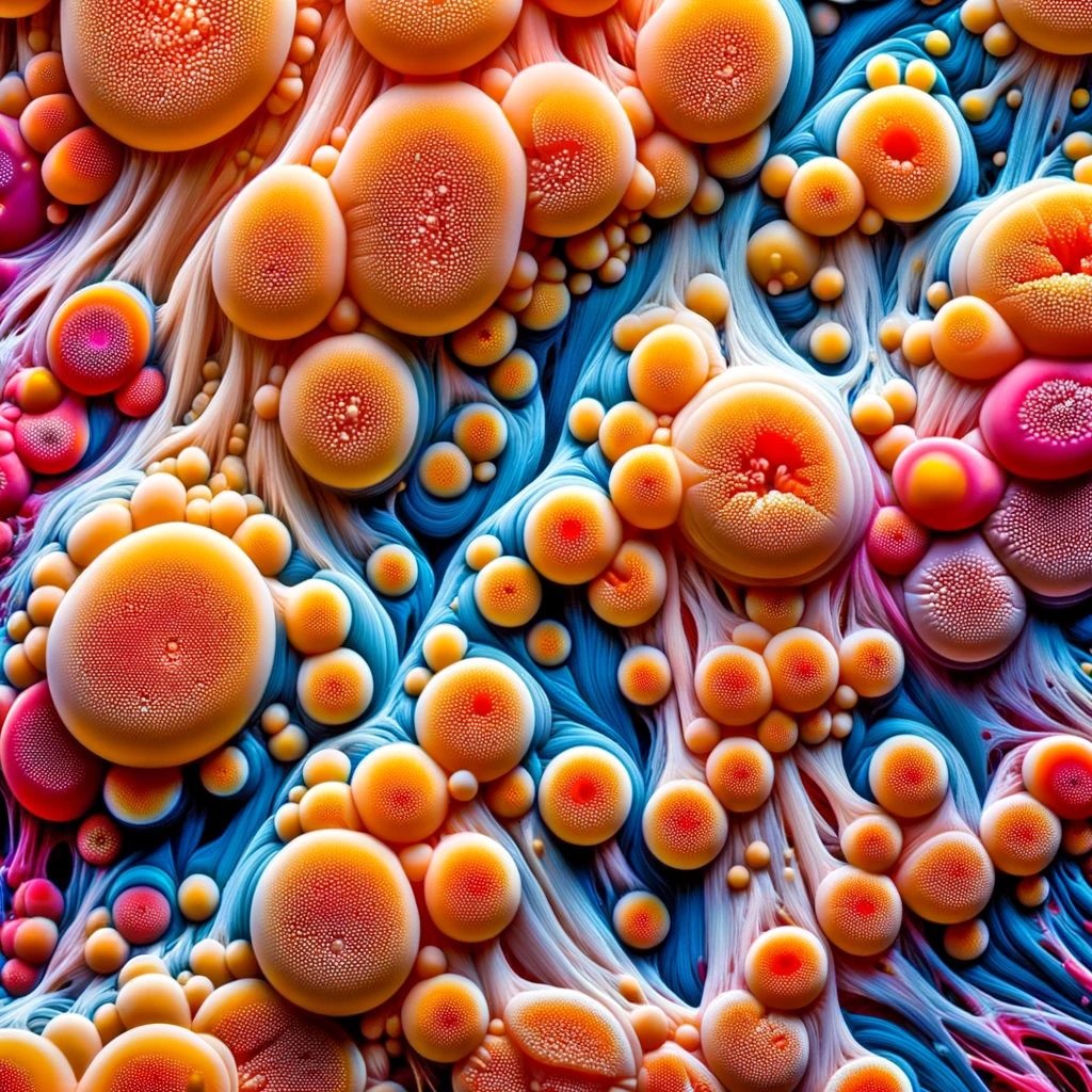 Prompt: Close-up image of vibrant slime mold patterns and textures.
