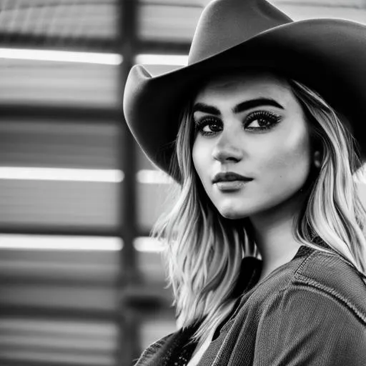 Prompt: {Full Budy},dreamy portrait of a Gold hair with white highlights, ((female Cowgirl wearing cowboy Hat posing sexy)) in a barn with ((sharp symmetrical eyes:1.5)), upper body visible, ultra realistic Face, highly detailed, hd, sharp focus, cinematic lighting, mood lighting, realistic, photorealistic, vivid colors, photograph, digital art, non blurry, sharp, artstation, concept art, smooth, illustration