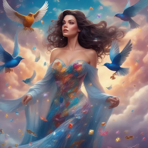 Prompt: A colourful, beautiful brunette, Persephone, in a beautiful flowing dress made of glittering gemstones in the clouds with birds flying around. In a photorealistic painted Disney style and marvel comics style.