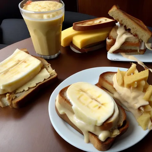 Prompt: seductress banana cheese sandwich on toast with cheese milkshake on a table made out of banana and cheese