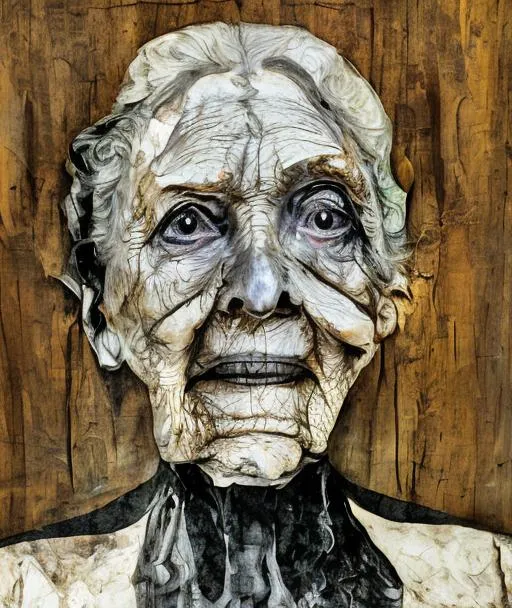 Prompt: Candle,  old women sitting on a chair,  fullbody view, wood and plaster material, beautiful, abstract, nature, artistic 