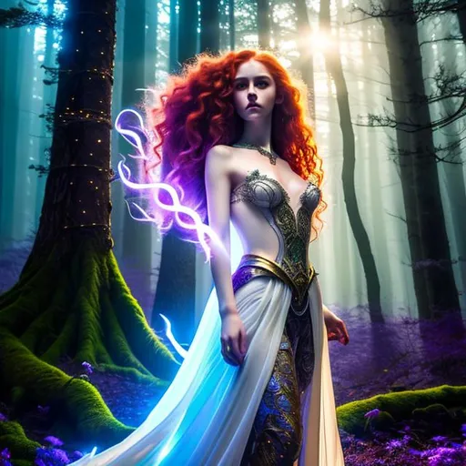 Prompt: Detailed fantasy 8k mystical light portrait of a moon witch with ivory clear skin, long curly redhead hair, deep purple eyes. Gorgeous hot body, she wears elegant aderent green dress, night light, forest, dramatic, charming pose, magical, fantasy,  high detailed, dramatic light