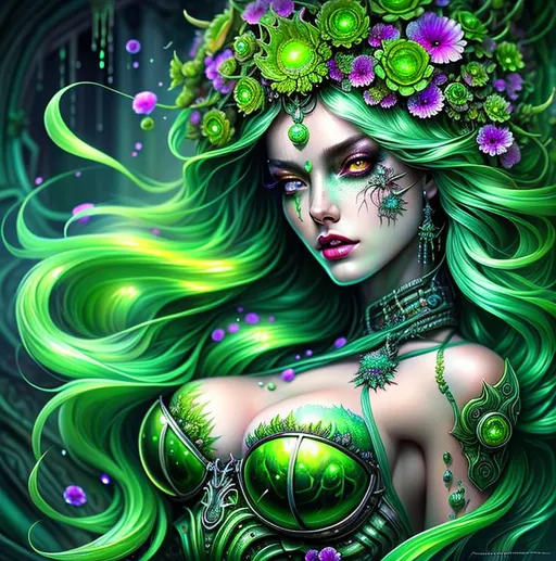 Prompt: Beautiful Poison goddess covered in uranium with detailed green features in a vat of acid with illuminating drops, biohazard; by anna dittmann, floradriel, digital painting, extreme detail, 120k, ultra hd, hyper detailed, toxic, wlop, digital painting, bright green body, covered in Ivy dress, anime character, background digital painting, digital illustration, extreme detail, digital art, ultra hd, vintage photography, beautiful, aesthetic, style, hd photography, hyperrealism, extreme long shot, telephoto lens, motion blur, wide angle lens, sweet,