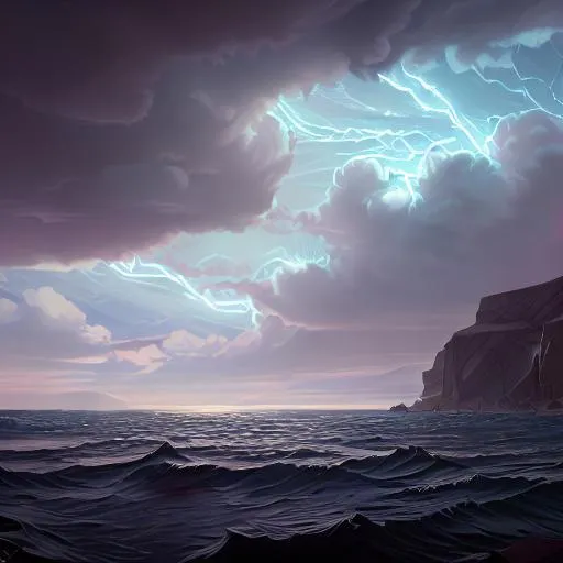 Prompt: highly detailed illustration of storm on the ocean, dark, voluminous clouds, thunder, stormy seas, dark, high contrast, photorealistic 