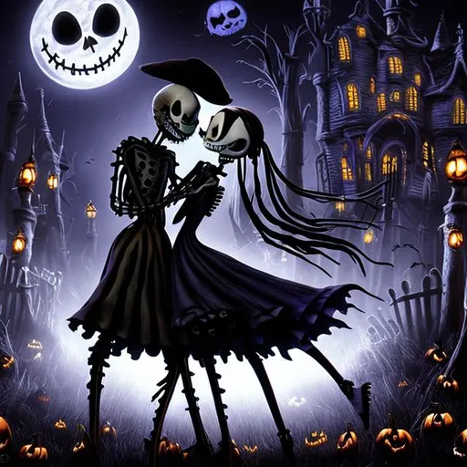 Prompt: Jack Skeleton and Sally dancing in Moonlight, Cinematic 64k, Realistic, Halloween, UHD, vivid color, Movie grade, 
