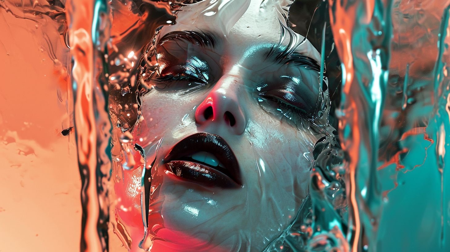 Prompt: A surreal digital art piece depicts a close-up of a woman's face, fragmented and intertwined with fluid metallic silver shapes. Her makeup is dramatic: deep, glossy black lips and intense smokey eyes. The background alternates between striking shades of teal and coral, with slender vertical lines accentuating the division.
