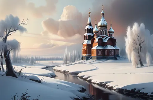 Prompt: Fantasy illustration of a snowy russian landscaape and a wodden russian church on the right side of the image