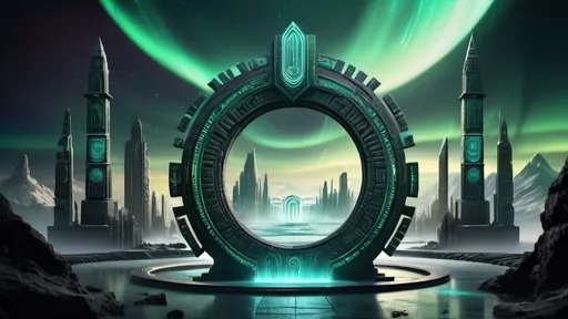 Prompt: magical portal between cities realms worlds kingdoms, circular portal, ring standing on edge, upright ring, freestanding ring, hieroglyphs on ring, complete ring, ancient aztec architecture, atlantis city plaza setting, aurora borealis, panoramic view, dark night, futuristic cyberpunk tech-noir setting