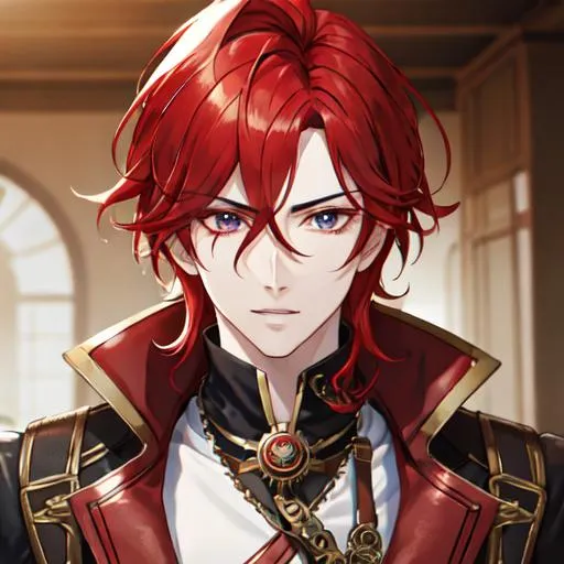 Prompt: Zerif 1male (Red side-swept hair covering his right eye) steampunk, UHD, 8K, highly detailed