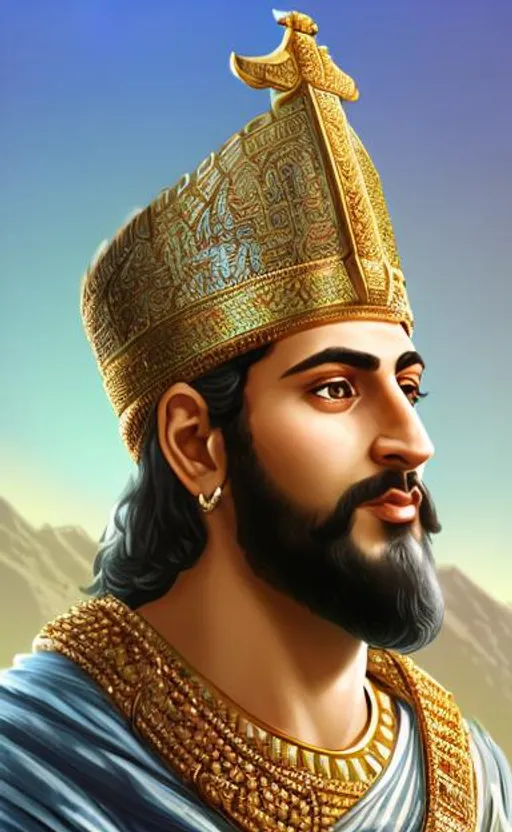 Prompt: Full body of Achaemenid king Cyrus the Great, Persian castle, intricate, rugged, highly detailed, artstation, concept art, sharp, sharp focus, extremely, detailed environment, detailed background, intricate, detailed skin, natural colors , professionally color graded, photorealism, 8k, moody lighting
