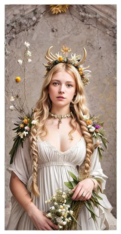 Prompt: Blond girl with flowers ( lily of the valley, hyacinths, sunflowers and daisy’s)in her hair, antlers, crucifix around her neck, wearing a white dress, holding a bible, flora growing all around her, in the art style of Artemisia Gentileschi, Sandro Botticelli and Titian, a church in the background 