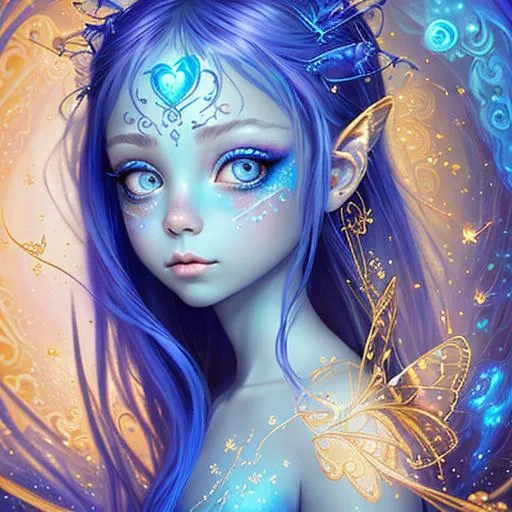 Prompt: Insanely_detailed blue hue glowing Fairy portrait by Jasmine Becket-Griffith. Glowing golden fireflies and swirly liquid metal paint ! 16k HDR Perfect composition, award winning details. natural eyes. concept art, deviant art