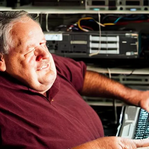 Prompt: old fat computer technician with a beer bottle