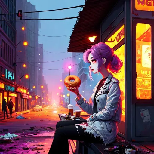 Prompt: Cute Pixar style painting of a beautiful zombie woman, pale,  sitting at an abandoned cafe, torn clothes, apocalypse, city street on fire, eating a donut, dirty, trash, muted color pallette, vaporwave