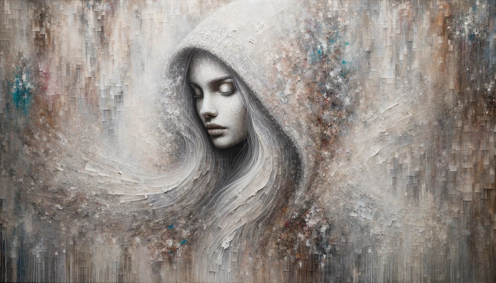 Prompt: A wide artwork unveils a woman, her long hair cascading beneath a hood, exuding an aura of serenity. Drawing from classical portrait styles, the painting employs textural paint techniques and a palette of light silver and brown. Dreamlike symbolism intertwines with color splashes, adding layers of depth to the intricately textured canvas.
