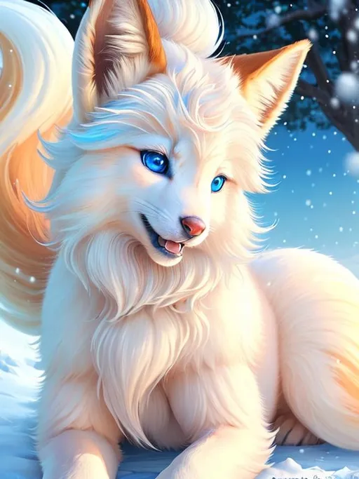 Prompt: 8k, UHD, masterpiece, best quality, trending on artstation, hyperrealistic, Portrait of a {beautiful Vulpix}, {canine quadruped}, innocent curious blue eyes, intricately detailed snow white fur, large blunt blue ears, vivid colors, curious innocent smile, vibrant, six beautiful wispy tails curled at the tip, fluffy white mane, blue ice fur lighlights, (plump:1.3), in a winter wonderland, {auroras} fill the night sky, sharp focus, intricately detailed fur, brilliant detailed eyes, beautifully detailed face, beautifully detailed background, perfect composition, sharp focus, unreal engine, intricately detailed mouth and teeth, by Yuino Chiri
