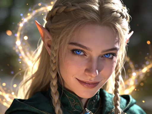 Prompt: A close up photorealistic image of the face of a beautiful Elven woman smirking playfully. She has long braided blonde hair, haunting blue eyes, smooth pale skin and a nose slightly turned upward. She has an air of warmth and intensity, looking at the camera with longing. She wears a perfect dark green mage robe as magical energy sparkles in the background