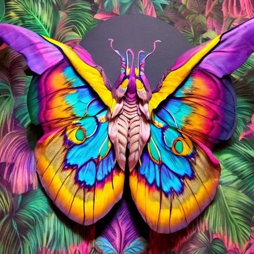 Prompt: Atlas moth diorama in the style of Lisa frank