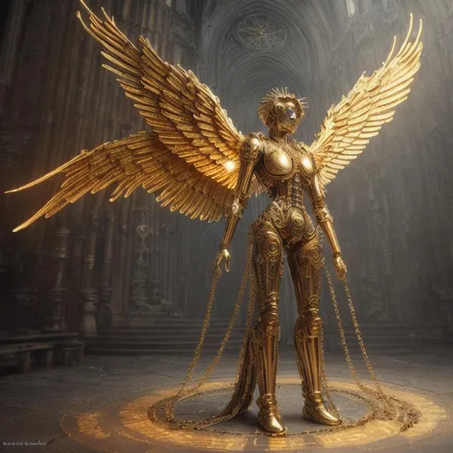 Prompt: cursed winged golden steampunk angel, full body painting, machine face, chained to the ground in an old cathedral, concept art, mechanical angel made of gold, cinematic lighting, hyperdetailed, 8 k realistic, symmetrical, frostbite 3 engine, cryengine, dof, trending on artstation, digital art, crepuscular ray