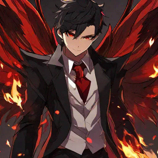 Prompt: Damien  (male, short black hair, red eyes) demon form, wearing a tuxedo, fighting, wearing a crown, angry, fire around him, wings spread
